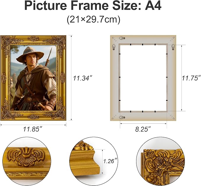 ArtXO Gold A4 Picture Frames: Wooden Wall Frames for 8.25 by 11.75 Photo Display, Vintage Picture Frames, Ornate Photo Frames A4 without Glass and Back