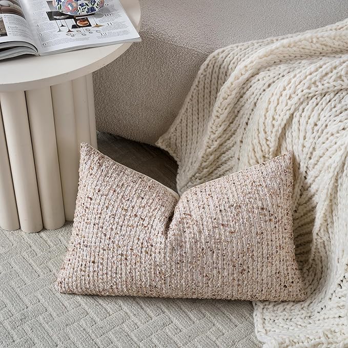 DEZENE Striped Throw Pillow Covers 12x20 Set of 2 Beige Textured Boucle Chic Morden Boho Accent Farmhouse Rectangular Lumbar Decorative Couch Pillow Covers for Home Decor Bed Sofa Living Room