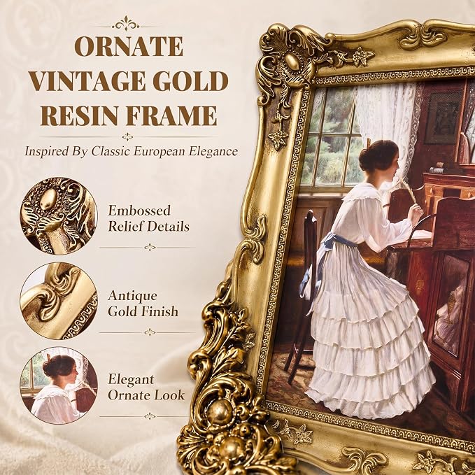 Lineshading 6 Pcs Vintage Gallery Wall Decor, Framed Canvas Wall Art Set with Antique Gold Ornate Resin Frames, French Country Cottage Botanical Floral & Portrait Prints for Living Room Farmhouse Home