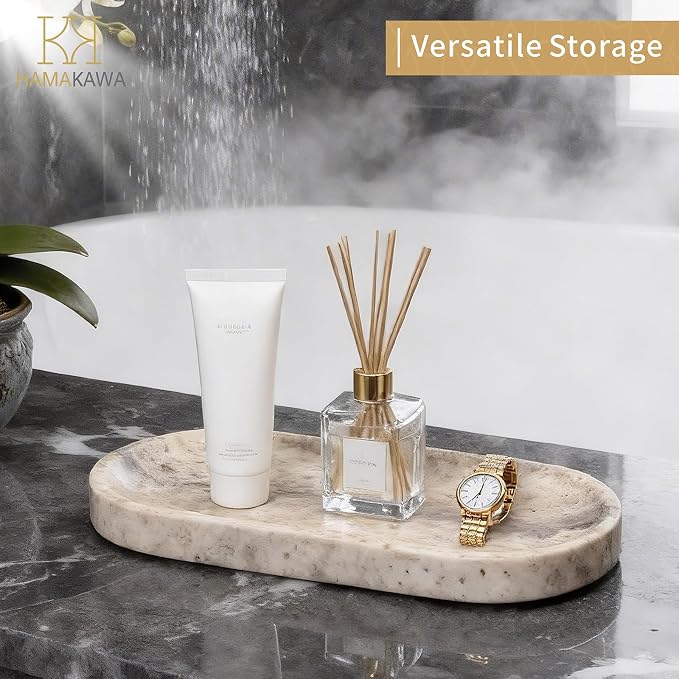 Bathroom Vanity Tray, Natural Marble Oval Tray 10 inch, Light Grey Travertine Vanity Tray for Soap Dispenser Modern Countertop Organizer for Kitchen Countertops, Home Decor