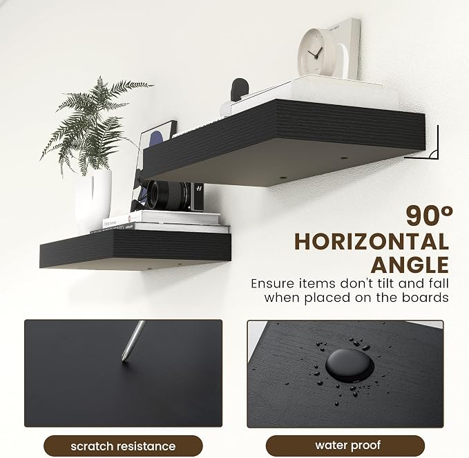 FLYJOE Deep Floating Shelves | 24 Inch Black Floating Shelves Set of 2 | 12 Inch Deep Rustic Wood Shelves for Wall | 24" W x 12" D Black Shelves for Living Room Bathroom Laundry Room Kitchen