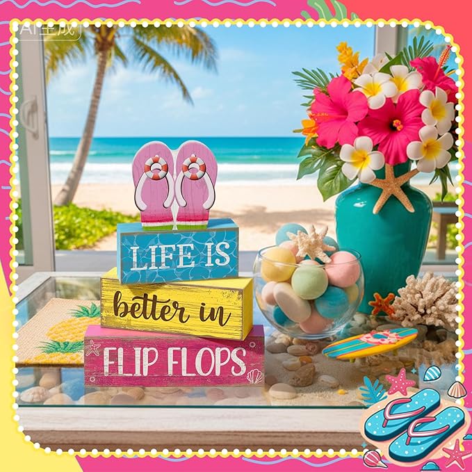 Yuntau 4 Pcs Summer Decorations for Office Hawaii Table Decorations Wooden Sign Flip Flops Table Centerpiece Summer Tiered Tray Decor Decorative Faux Book Stack Block for Coffee Mantel Floating Shelf