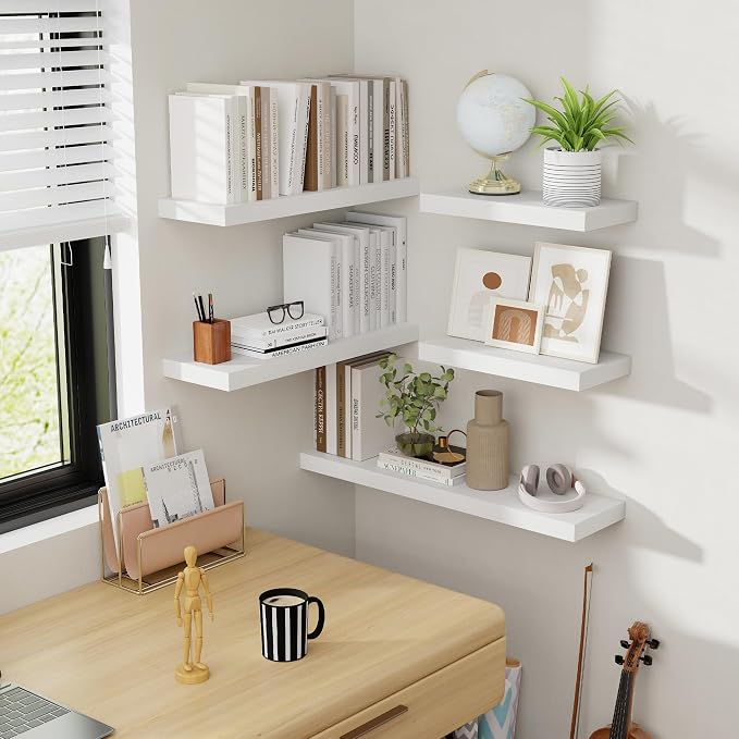 Acovy 16 Inch Floating Shelves, 8 Inch Deep Floating Shelves for Wall, Hanging Shelf with Invisible Brackets, Deep Shelves for Bathroom, Bedroom, Living Room, White, Set of 2
