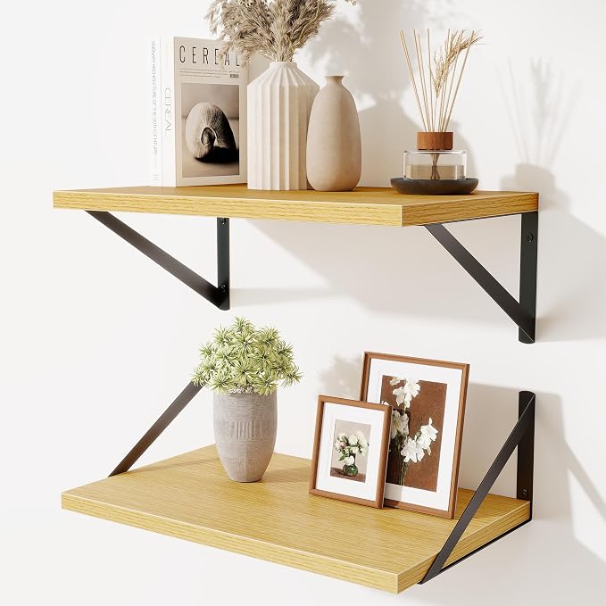 Acovy Floating Shelves for Wall,18" Wall Mounted Shelves Set of 2,Wood Floating Shelf with Bracket,Sturdy Metal Bracket Bookshelves Home Decor Storage for Living Room,Bedroom,Bathroom,Kitchen,Oak