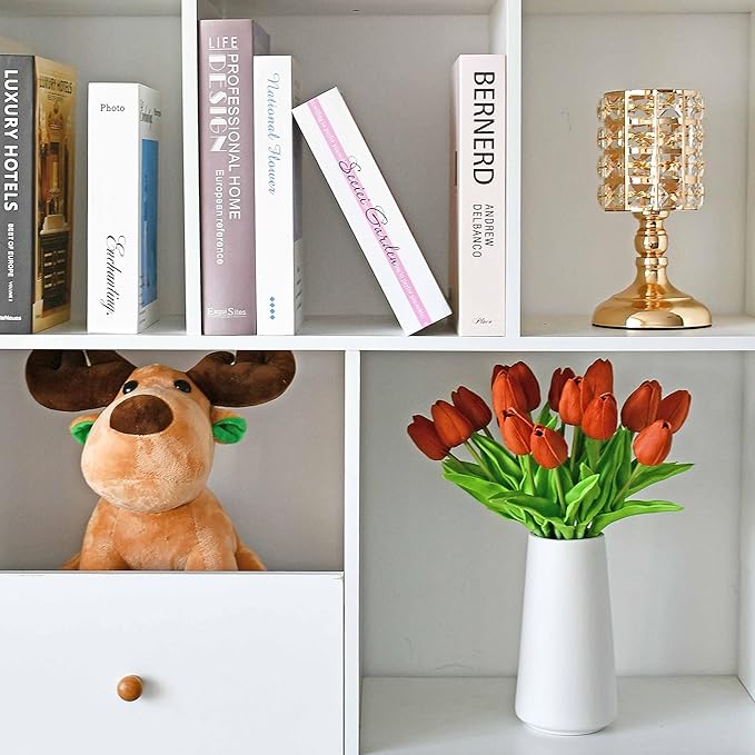 Mandy's Dark Orange Artificial Tulips Flowers Centerpiece, 13.5" Lifelike PU Fake Floral Stems 20pcs for Kitchen Island & Dining Table, Spring Decor for Easter