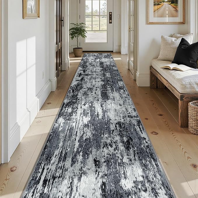 RELEANY Washable Area Rugs 2'6'' x14 Non-Slip Modern Abstract Soft for Living Room Entryway Bedroom Nursery, Print Pattern, Black Navy Blue Gray
