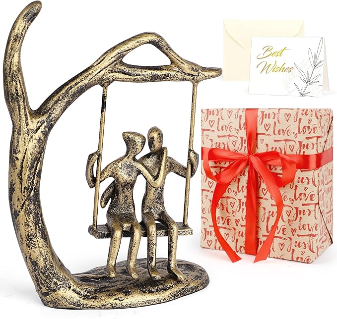 Kresecioo Anniversary Wedding Gifts for Couple/Her - Romantic Couple Statue in Love, Antique Gold Metal Figurine Sweet Loving Together Iron Sculpture Decor, Mothers Day for Wife Birthday Gifts