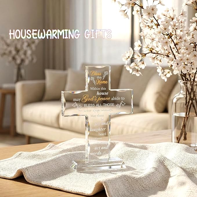 Ornalrist Housewarming Gifts New Home Glass Stand Cross Religious Keepsake, House Warming Gift for Couples, Women, Men - Christian Families Decor