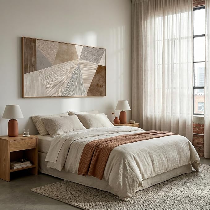 HUADAOART Abstract Geometric Canvas Wall Art 20x40 Inch - Neutral Brown Beige Framed Wall Decor for Living Room Minimalist Modern Line Art for Bedroom Large Horizontal Wabi Sabi Wall Painting