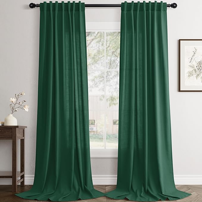 Jowels Emerald Green Linen Curtains 84 Inch Long 2 Panels for Living Room | Light Filtering Semi Sheer Curtain, Back Tab Pocket Pleated Look, Boho Farmhouse Textured Privacy Drapes for Bedroom Window