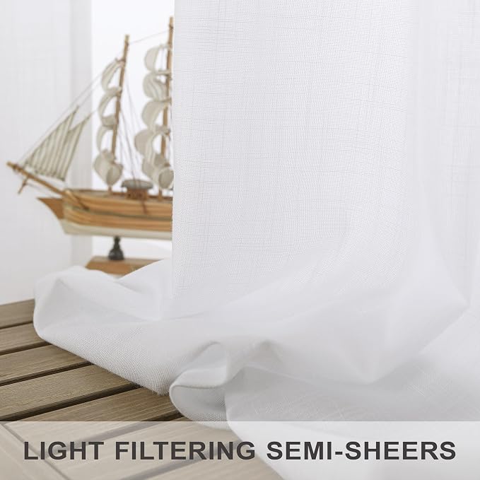 Pitalk White Curtains 38 Inch Width for Kitchen Windows 2 Panel Back Tab Rod Pocket Linen Cafe Tier Light Filtering Short Sheer Curtains for Bathroom Laundry Basement Farmhouse Decor Wide 38x45 Length