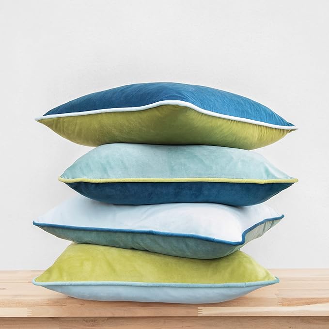 MONDAY MOOSE Decorative Throw Pillow Covers Cushion Cases, Set of 4 Soft Velvet Modern Double-Sided Designs, Mix and Match for Home Decor, Pillow Inserts Not Included (14x14 inch, Green/Blue)