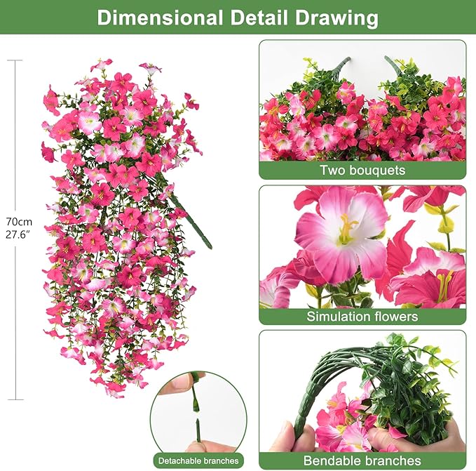 Artificial Fake Flowers Plants for Outdoor Spring Summer Decoration,2 PCS Faux Silk Morning Glory with Eucalyptus Leaves,UV Resistant Realistic Outdoor Flowers for Balcony Porch Patio Yard Garden