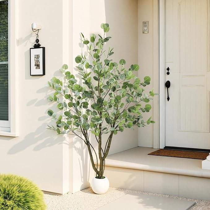 Caxchiling Artificial Eucalyptus Tree 5FT, Indoor Outdoor Faux Tree | Natural Trunk with White Planter for Home Office Living Room Front Door Decor