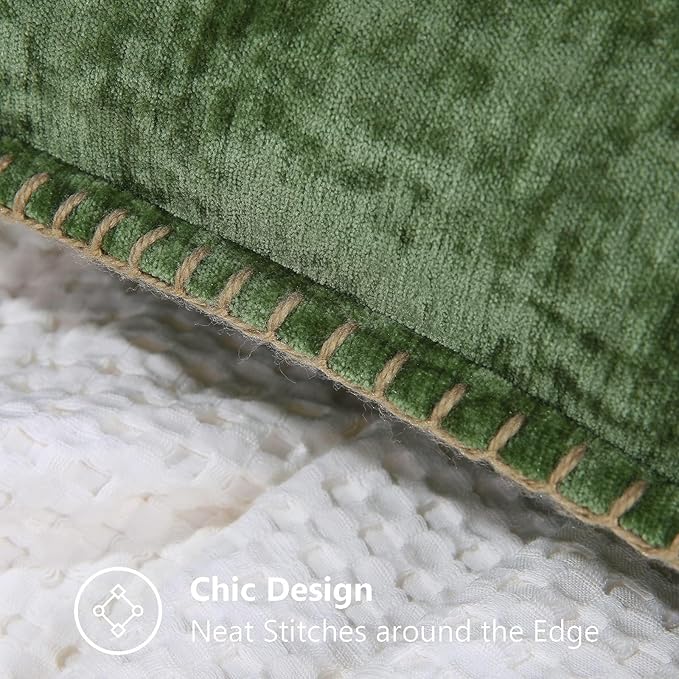decorUhome Chenille Soft Cozy Throw Pillow Covers 24x24 Set of 2, Modern Farmhouse Boho Velvet Decorative Euro Sham Pillow Cases with Stitched Edge for Couch Sofa Bed Home Decor, Forest Green