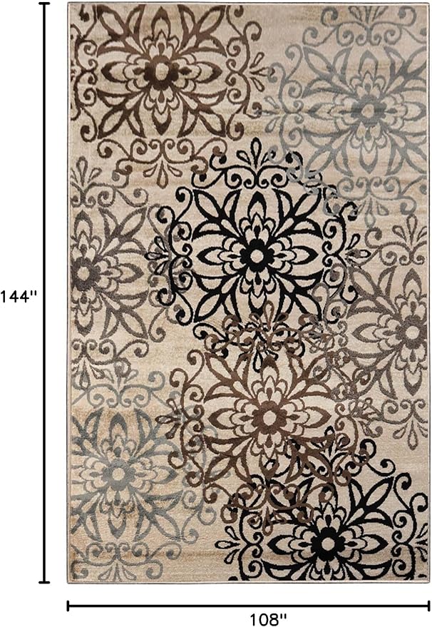 Superior Indoor Area Rug, Jute Backed, Perfect for Entryway, Office, Living/Dining Room, Bedroom, Kitchen, Hardwood Floor, Floral Scroll Decor, Leigh Collection, 9' x 12', Beige Ivory