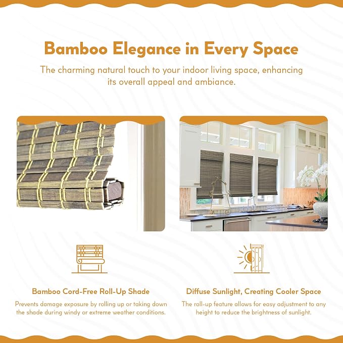 Radiance Cordless Bamboo Roman Shades for Windows - Flatweave Bamboo Blinds for Reduce Bright Light - Easy to Lift & Fold Up Window Shades - Driftwood - 35 in. W x 48 in. L - (02208870E)
