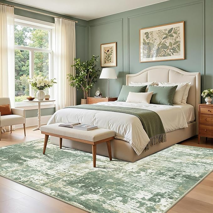 RELEANY Washable Area Rugs 6'x8' Non-Slip Modern Abstract Soft for Living Room Entryway Bedroom Nursery, Print Pattern, Light Green/Yellow