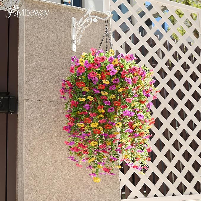 Artificial Hanging Flowers for Outdoors, 4PCS UV Resistant Artificial Outdoor Flowers, Silk Flowers for Outside Patio Porch Front Yard Window Garden Indoor Decor(Spring Color,4PCS)