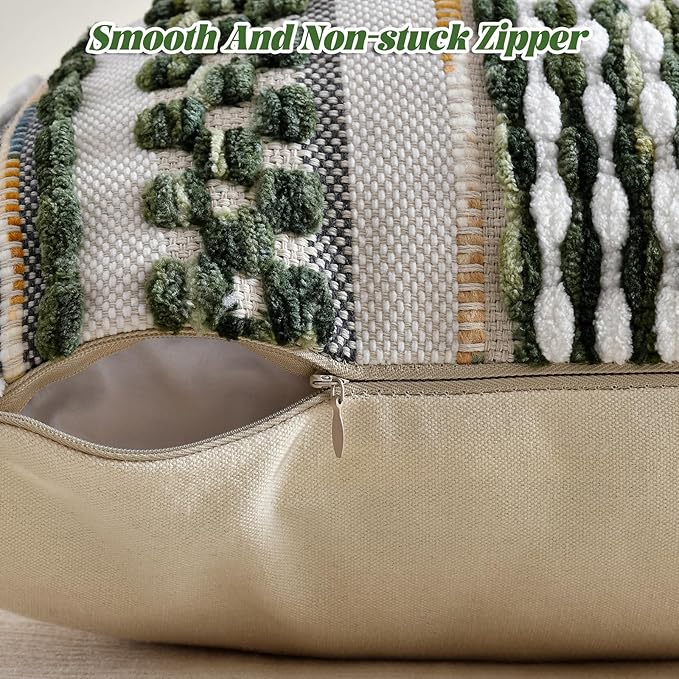 AmHoo Set of 2 Chenille Striped Textured Boho Throw Pillow Covers Aesthetic with Tassels Woven Decorative Pillow Case for Couch Bed Sofa Bedroom Modern Funky 18 x 18-Inch Sage Green
