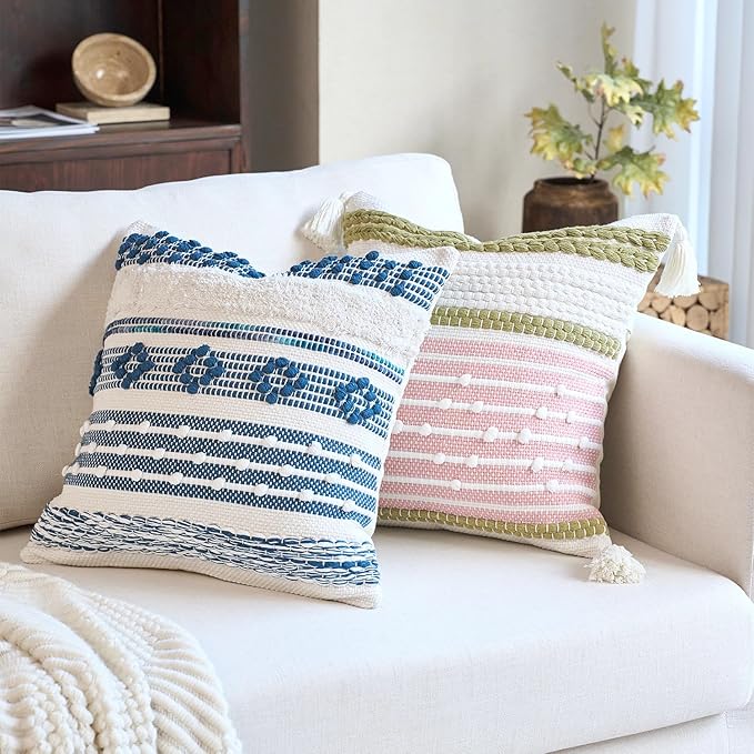 DEZENE Handmade Decorative Pillow Cover Boho Accent Woven Textured Square Throw Pillow Case for Couch Sofa Farmhouse Living Room Home Decor 18"x18" Navy Blue