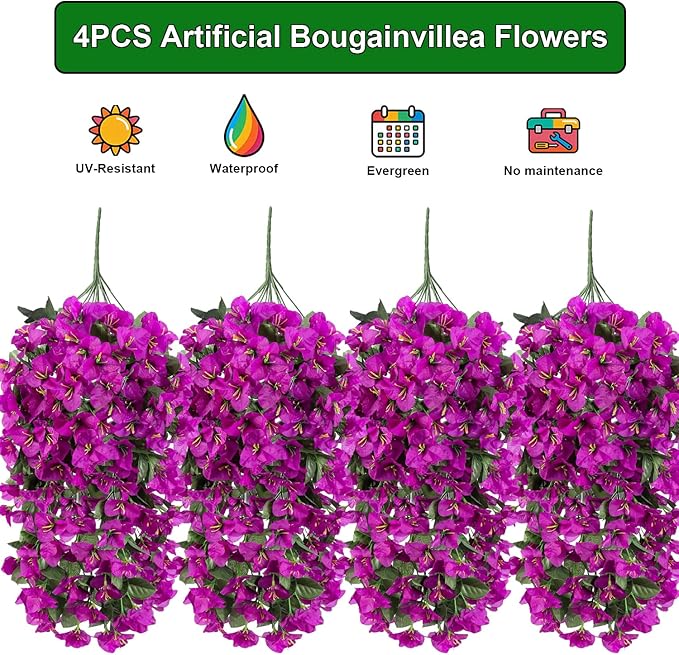 Grunyia Artificial Bougainvillea Flowers Outdoor UV Resistant, 4 Pcs Fake Silk Trailing Vines Realistic Faux Hanging Plants for Porch Patio Garden (Fuchsia)