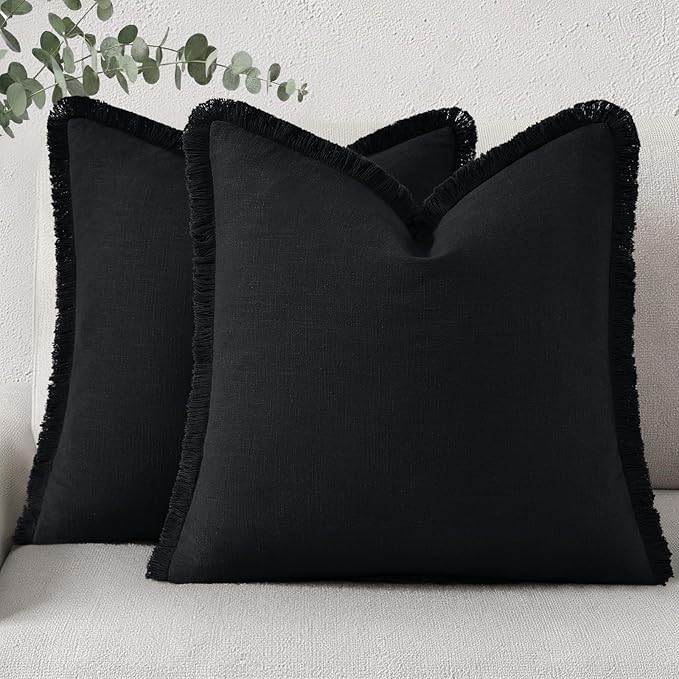 decorUhome Summer Decorative Neutral Linen Fringe Euro Sham Throw Pillow Covers Set of 2 Black Pillow Covers with Tassels Soft Farmhouse Boho Accent Pillow Cases for Couch Bed Sofa 22x22 Inch