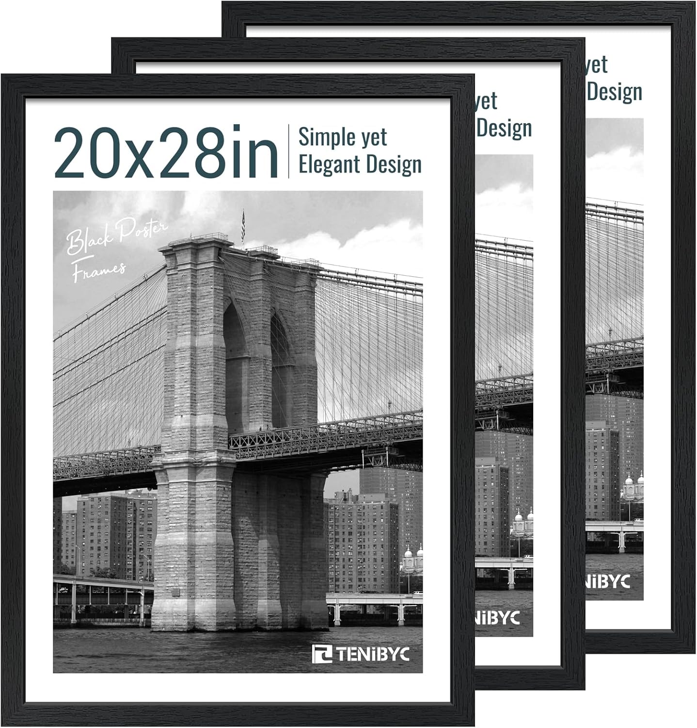 20x28 Picture Frame Set of 3 - Black Woodgrain, Solid Wood Gallery Poster Frame - Wall Hanging