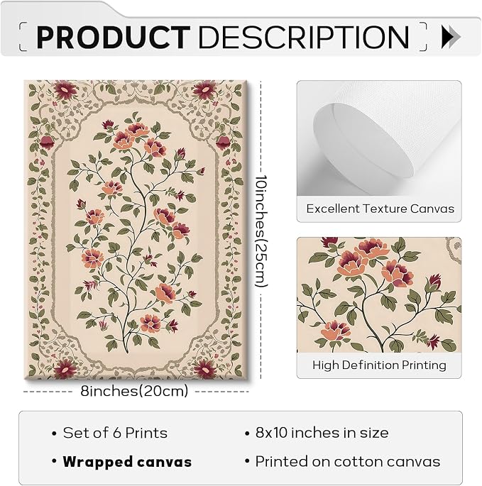 Indian Wall Art Vintage Floral Canvas Poster India Wall Decor Folk Flower Prints Scandinavian Pictures Antique Botanical Painting Gallery Artwork for Bedroom Living Room 8x10x6 Inch Ready to Hang