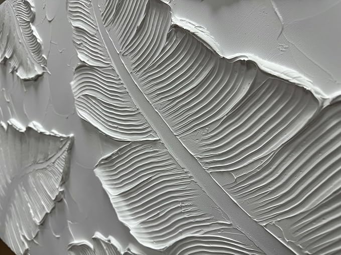 Art8YuQi Paintings - Contemporary Abstract Art leaf Oil Painting On Canvas Texture 3D White Painting Plantain Handmade Artwork Picture Canvas Wall Art Modern Home Decor living room Ready to Hang 24X48 inch
