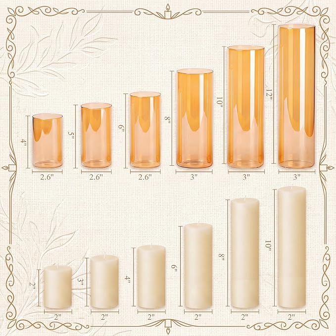 Shihanee Set of 6 Pillar Candles and Glass Cylinder Vases Assorted Sizes Cylinder Holders for Pillar Candles Home Table Centerpieces Wedding Party Decorations (Ivory，Amber)