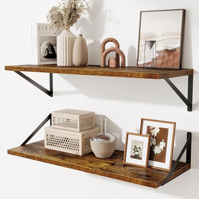 Acovy Deep Floating Shelves for Wall,30" Wx10 D Wood Floating Shelf Set of 2,Sturdy Metal Bracket Wide Display & Storage,Wall Mounted Hanging Floating Shelves for Living Room,Bedroom,Rustic Brown