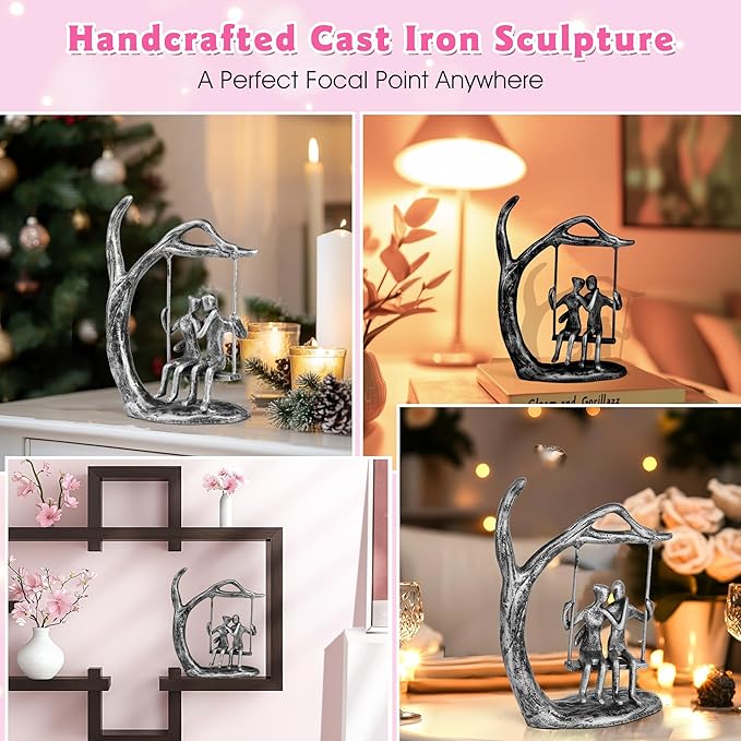 Kresecioo Anniversary Wedding Gifts for Couple/Her - Romantic Couple Statue in Love, Antique Silver Metal Figurine Sweet Loving Together Iron Sculpture Decor, Mothers Day for Wife from Husband