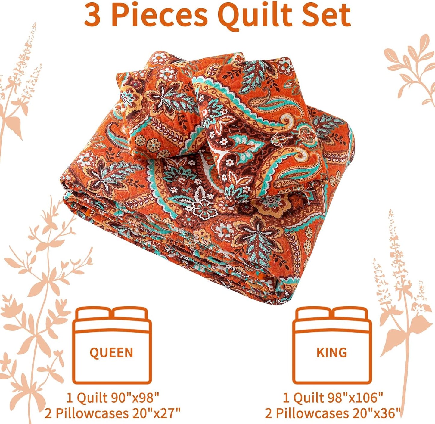 VAPUTAR Cotton Quilt King Size, King Size Quilt Bedding Set with Bohemian Damask Pattern-3Pieces Lightweight Reversible Soft Bedspread Coverlet (98 * 106 in) Suitable for All Season （Light Orange）