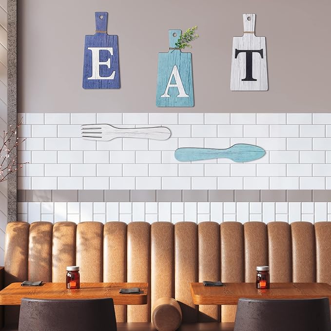 Jetec Cutting Board Eat Sign Set Hanging Art Kitchen Eat Sign Farmhouse Fork and Spoon Wall Decor Rustic Primitive Country Kitchen Decor for Home over Cabinet Decoration(Dark Blue, Light Blue, White)