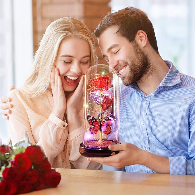 Mothers Day Rose Gifts for Mom Birthday Gift, Rechargeable Galaxy Glass Rose in Glass Dome Eternal Crystal Flower Butterfly Gift Mother's Day Flowers Gifts for Women Mom Wife Grandma Daughter Red