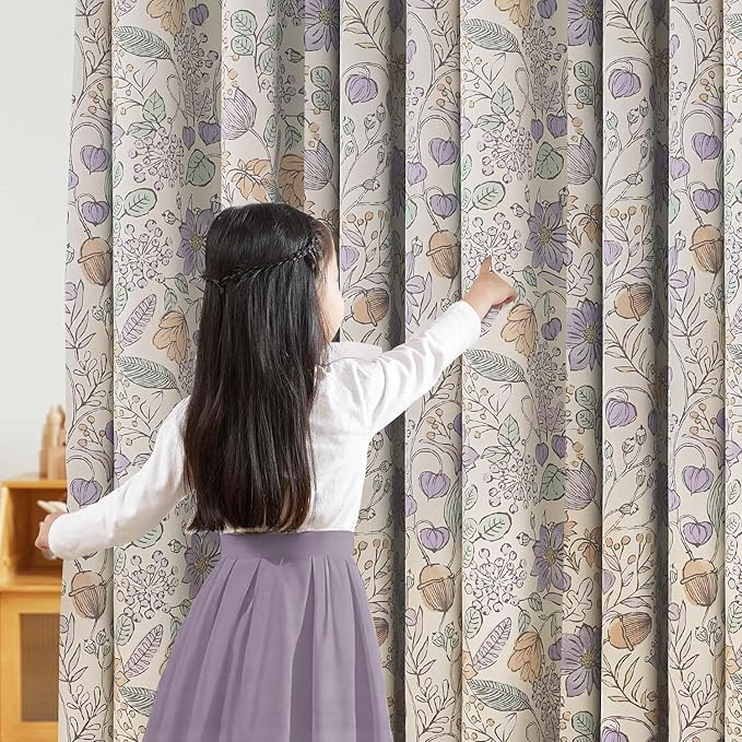 jinchan Nursery Curtains 95% Blackout Purple Floral Curtains for Girls Room, 63 Inch Length Farmhouse Drapes for Bedroom Living Room Darkening Window Treatment Grommet Top Set of 2 Panels