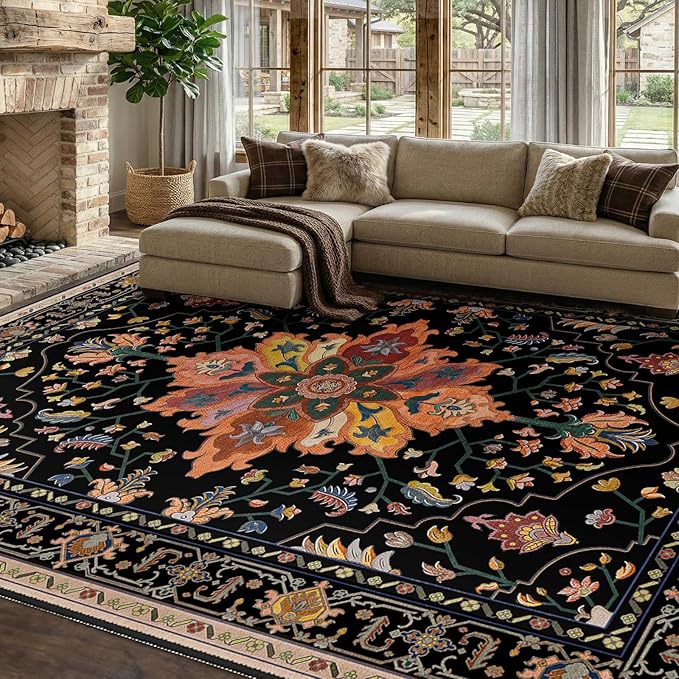 RELEANY Area Rugs 7'x9' Washable Non-Slip, Floral Vintage Distress Print Pattern Medallion Carpet for Living Room Bedroom Dining Room, Black Colorful Floral Dark Tan