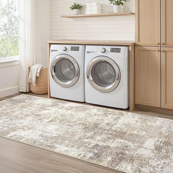 Runner Rug Kitchen Washable Rugs: 3x10 Non-Slip Abstract Soft Modern Stain Resistant Indoor Floor Neutral Accent Throw Carpet for Hallway Bathroom Laundry Room Entryway Bedroom- Beige Brown