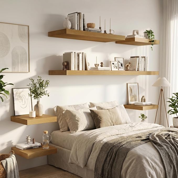 Vivelove 12 Inch Deep Floating Shelves 24 inch Long, 24 x 12 Wide Display Shelves with Invisible Brackets, Shelf for Bedroom Bathroom Living Room Office Home, Modern Shelf Set of 2, Oak