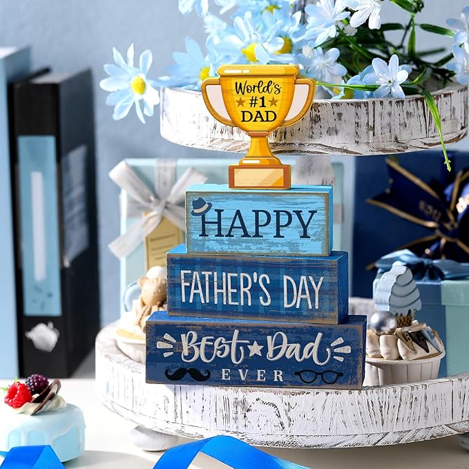Yuntau 4 Pcs Father's Day Decorations Happy Father's Wooden Tabletop Tiered Tray Decor Rustic Best Dad Ever Trophy Wood Block Table Sign Centerpiece for Farmhouse Shelf Fireplace Birthday Party Gift