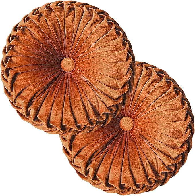 Teieas 2 Pcs Round Throw Pillows Decorative Pumpkin Velvet Boho Pleated Bed Pillows Back Support for Couch Chair Dorm Car 14.96'' (Orange)