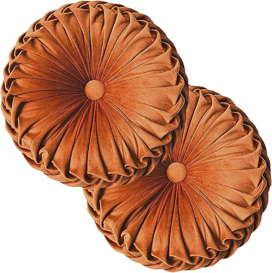 Teieas 2 Pcs Round Throw Pillows Decorative Pumpkin Velvet Boho Pleated Bed Pillows Back Support for Couch Chair Dorm Car 14.96'' (Orange)