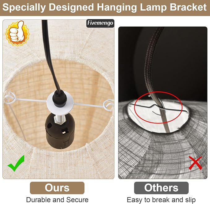 Linen Pendant Light Kit with Cord and Ceiling Canopy, 20in Off-White Round Japanese Japandi Wabi Sabi Lantern Hanging Lamp Chandelier for Living Dining Room Bedroom Rented Apartment 1 Pack