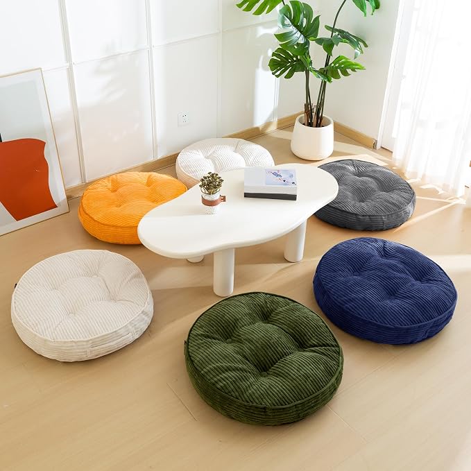 HIGOGOGO Floor Pillow Cushion for Adults, Meditation Cushion Pillow, Large Round Floor Sitting, Tufted Corduroy Cover, for Tatami Living Room or Yoga, 22x22 Inch, 2Pack, Dark Green