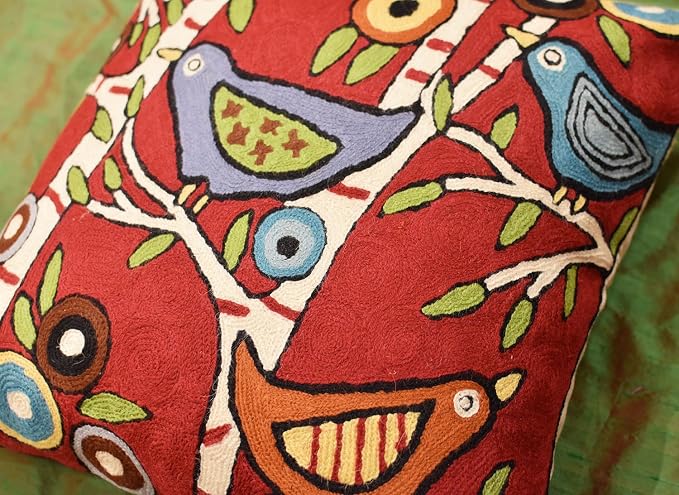 Red Plant Birds Throw Pillow Cover | Karla Gerard Designer Pillowcase Burgundy Chair Cushion Kids Room Botanical Red Farmhouse Chair Cushions Hand Embroidered Wool Size - 18x18