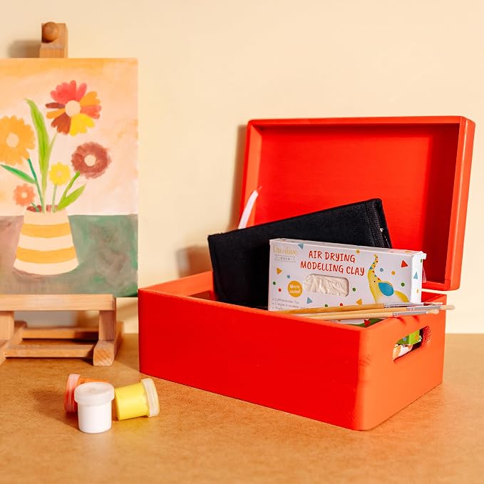 Creative Deco Large Red Wooden Box Storage with Hinged Lid | 11.8x7.87x5.51in (+-0.5) | Keepsake with Handles | Gift Box for Tool Dog Toy Shoes Kitchen Storage | Wood Keepsake Chest Trunk | Solid pine storage box with a lid for keepsakes, crafts, stati...