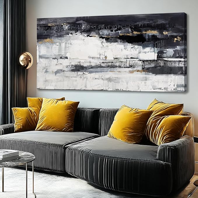 Dolidoteart Canvas Wall Art, Black White Gray Abstract Wall Art Print, Modern Gold Accent Horizontal Artwork for Living Room Bedroom Office, 24x48 Inch