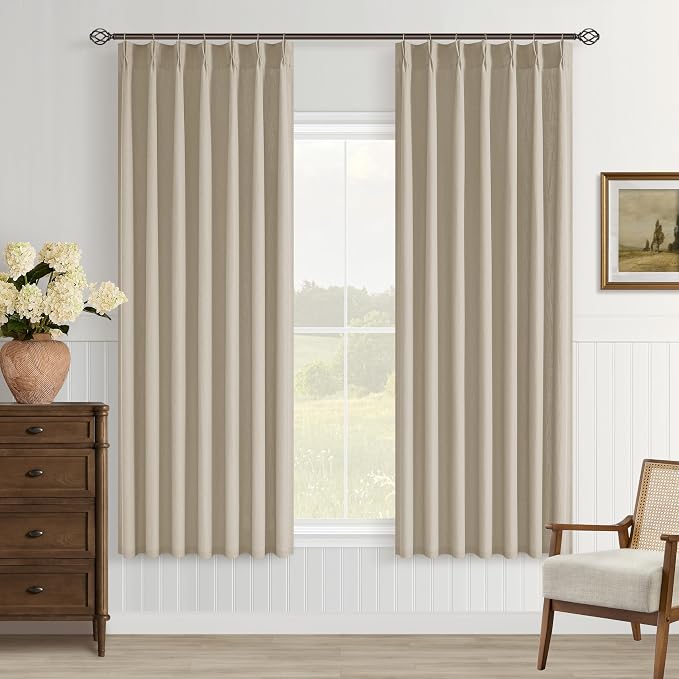 Khaki Tan Linen Kitchen Curtains 63 Inches Long 2 Sets Light Filtering Bedroom Curtains for Small Window Light Brown Pinch Pleated Linen Short Semi Sheer Back Tab for Bay Windows Living Room Dining