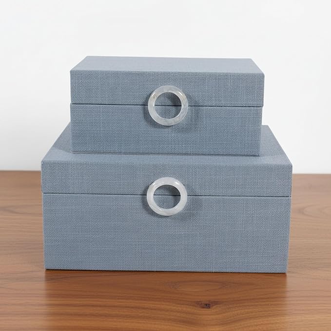 Sagebrook Home Set of 2 Decorative Storage Boxes with Lids - Fabric Covered MDF & Wood, Acrylic Handles - Home & Office Organizer - 9" & 7" Blue